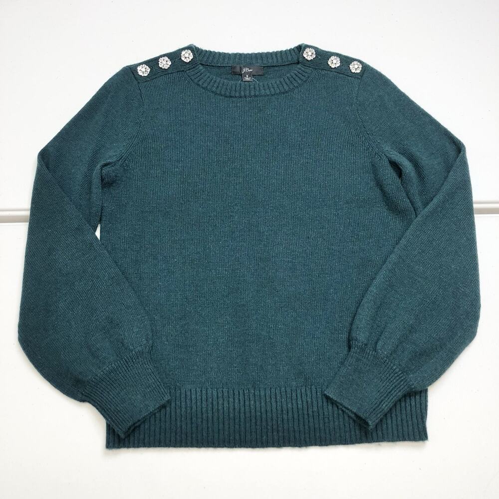 J Crew Womens Green Jeweled Crystal Button Crew Neck Classic Sweater Small